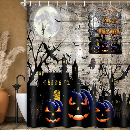 JAWO Halloween Shower Curtain Set, Ghost Pumpkin Horror Bat Rustic Farmhouse Decor Fall Autumn Festival Bath Curtains, 69x70 Inch, Hooks Included