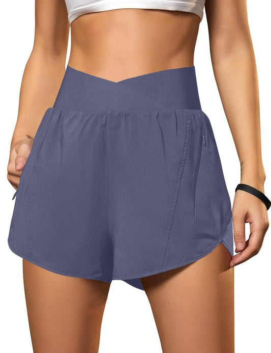 Blooming Jelly Women's Workout Shorts Athletic Running Elastic High Waisted Black Gym Yoga Shorts with Zipper Pockets (Bluish Grey,Medium)