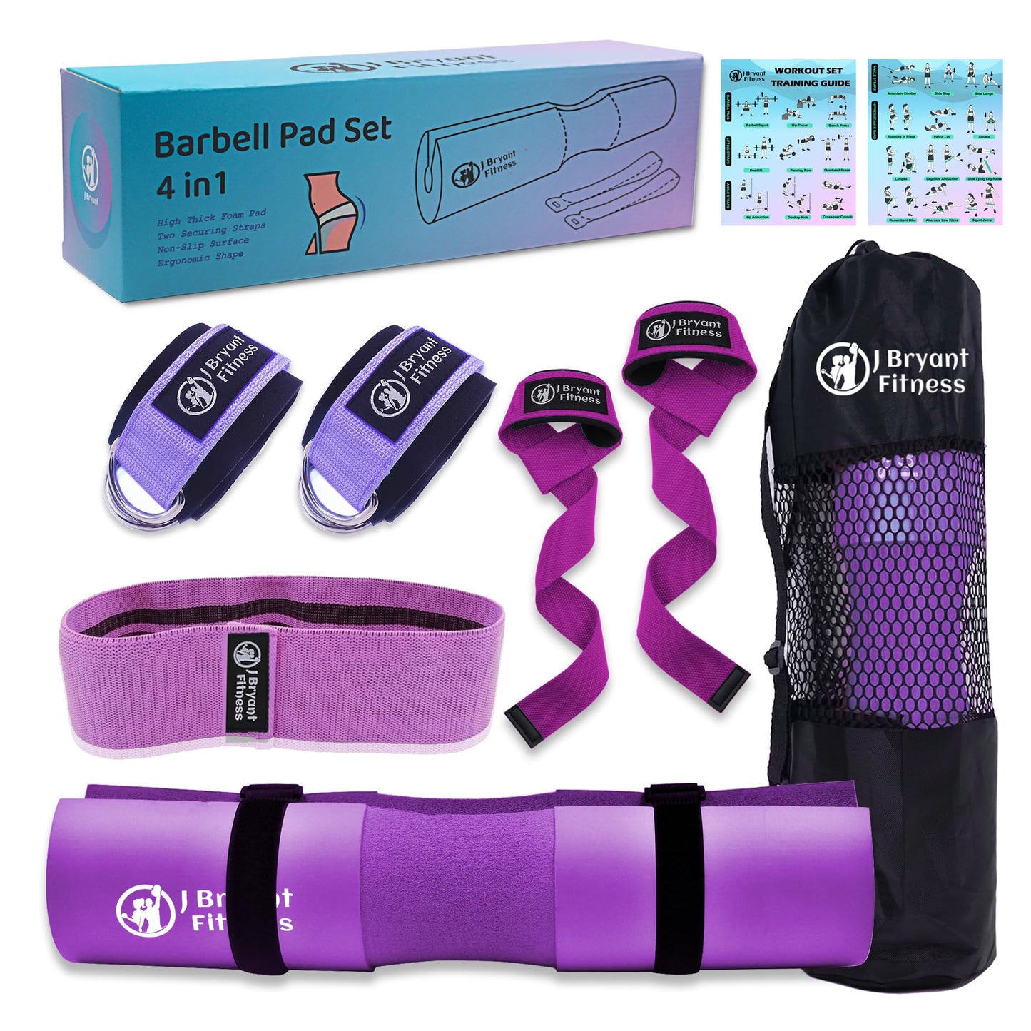 J Bryant Barbell Pad Set with 2 Ankle Straps for Cable Machines Hip Resistance Band Weight Lifting Straps Thick Cushion Hip-Thrusts Pad with Carry Bag for Squats Bench Press Workout
