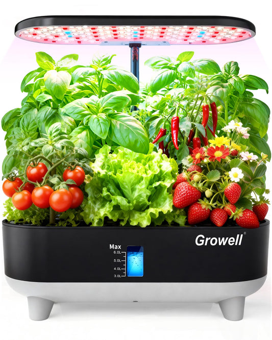 Growell Hydroponics Growing System Kit, 16 Pods, Vertical 8L Indoor Gardening System for Herb Vegetable Fruit, Hydro Garden with LED Grow Light, Smart Water Circulation, 3 Light Modes & 2 Timer, Black