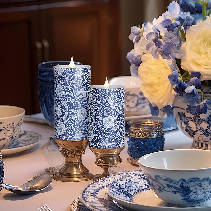 Baquler 3 Pcs Chinoiserie Flameless Pillar Candles Blue and White Floral Candles Battery Operated Decorative Porcelain LED Candlestick for Home Wedding Table Party Decoration