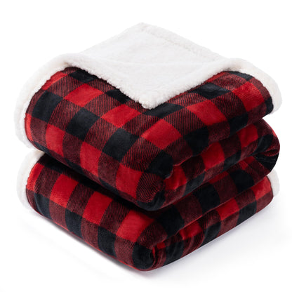 BEAUTEX Christmas Sherpa Fleece Throw Blanket, Super Soft Warm Buffalo Plaid Plush Blankets and Throws, Warm Winter Cozy Fuzzy Blanket for Couch Sofa Bed (Red, 50" x 60")
