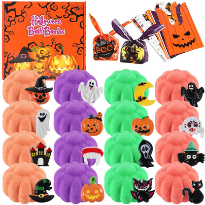 Halloween Gifts for Kids - 16pcs Halloween Bath Bombs for Kids with Toys Inside Halloween Party Favors Goodie Bag Fillers Natural Organic Bubble Bath with Spooky Pumpkin Bath Bombs