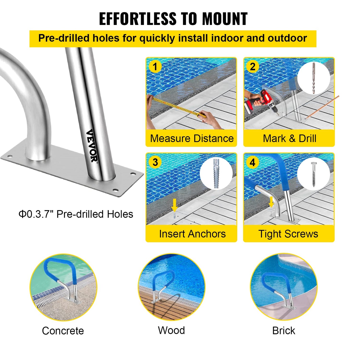 VEVOR Pool Rail 32x23 Pool Railing 304 Stainless Steel 250LBS Load Capacity Silver Rustproof Pool Handrail Humanized Swimming Pool Handrail with Blue Grip Cover & M8 Drill Bit & Self-taping Screws