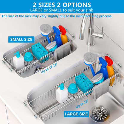 FavoThings Over The Kitchen Sink Caddy Sponge Holder Organizer Drying Rack Expandable for Sponge Brush Soap Dish Cloth Rag, Stainless Steel (12.25" to 17.25")