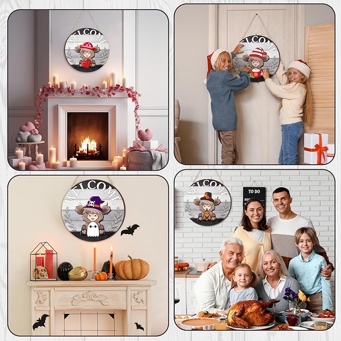 35 Pcs Christmas Interchangeable Highland Cow Welcome Sign Highland Cow Seasonal Wooden Hanging Door Decor Thanksgiving Farmhouse Hanging Sign for Front Door Xmas Party Decoration Gift(Dark Gray)
