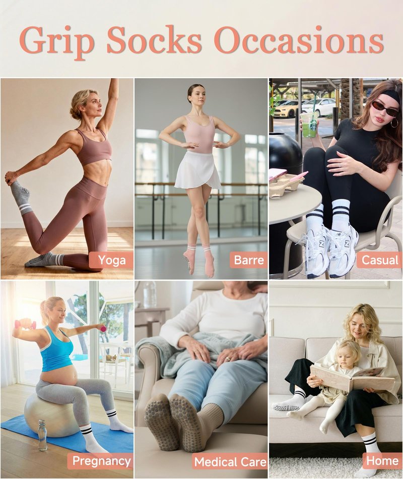 Mancreda Pilates Socks for Women with Non-Slip Grips 84% Cotton Yoga Socks for Barre, Hospital & Barefoot - One Size Fits Most (4 Pairs,PK)