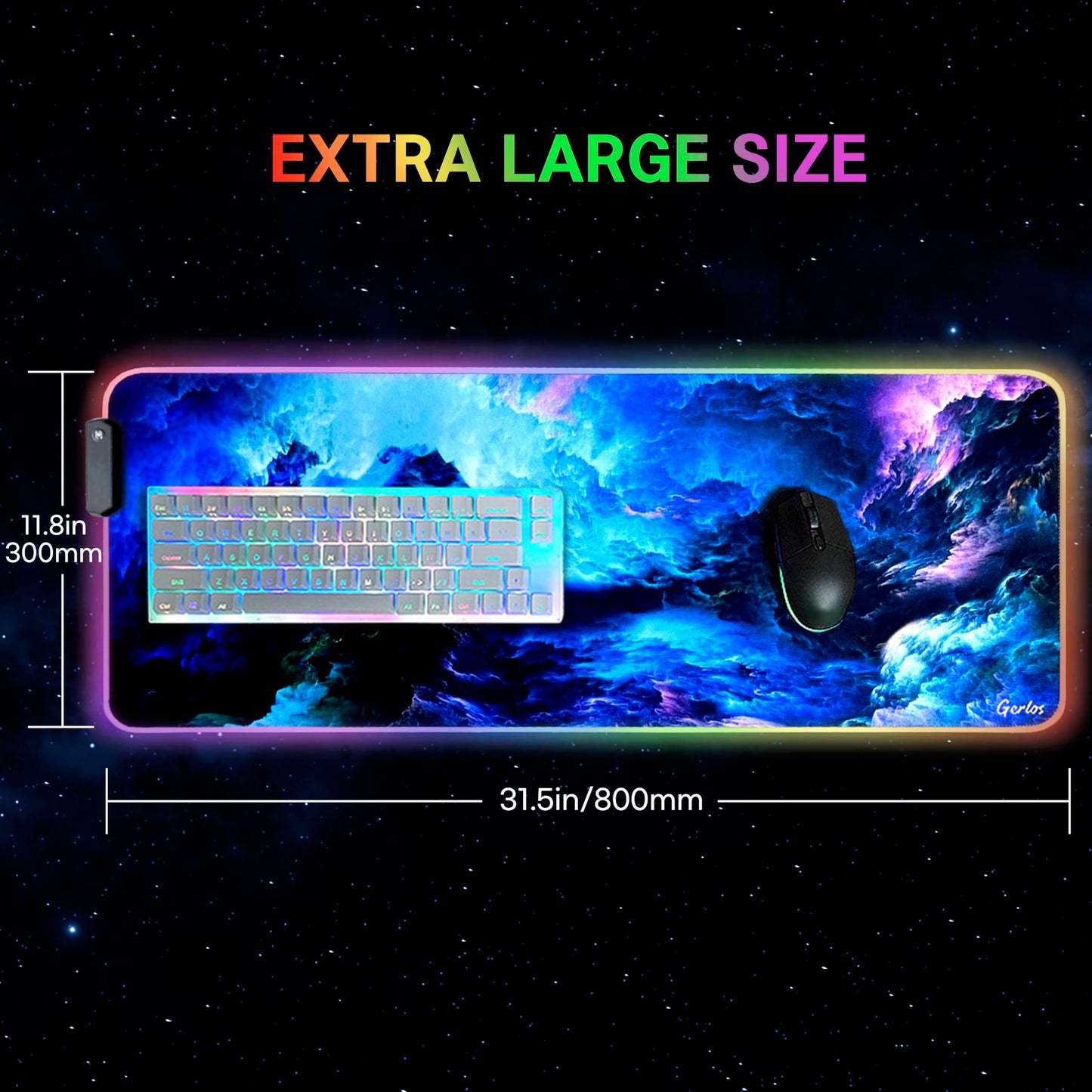 Gerlos RGB Large Gaming Mouse Pad, Extended Soft LED Mouse Pad, Non-Slip Rubber Base, Water Resist Keyboard Pad, Computer Mousepad 31.5×11.8 inches