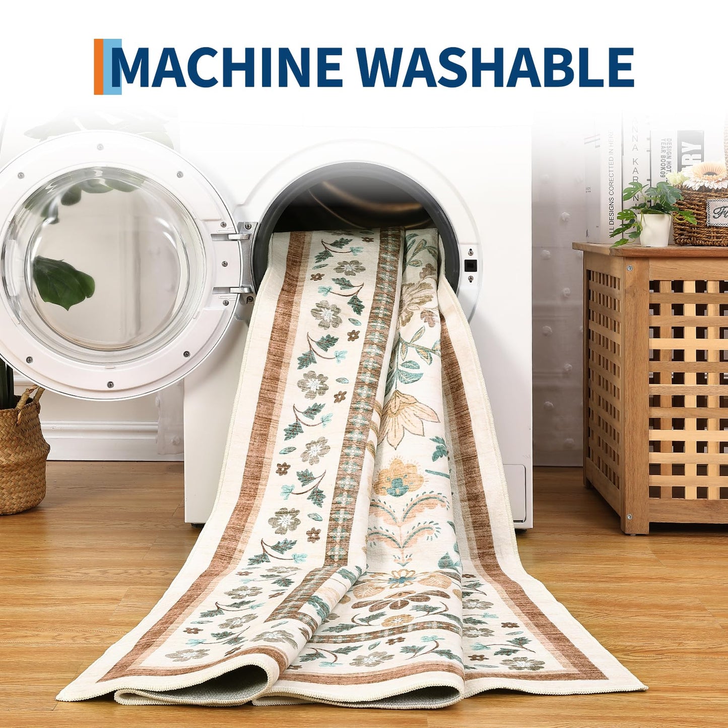 GarveeHome Rugs for Living Room 9x12 Machine Washable Soft Print Boho Low Pile Flower Area Rugs Non-Slip Backing Stain Resistant for Bedroom Farmhouse Dining Room Nursery Beige