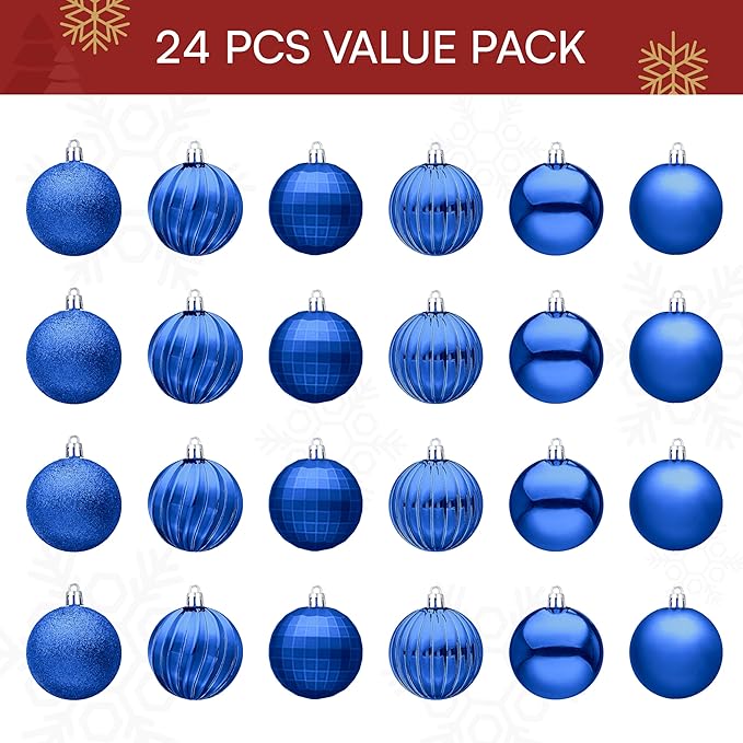 JOIEDOMI 24 Pcs Blue Christmas Balls Ornaments Set, 2.36" Shatterproof Xmas Tree Ornaments, Christmas Hanging Ornaments Decorations for Tree Wreath Garland Holiday Wedding Indoor Party Decor