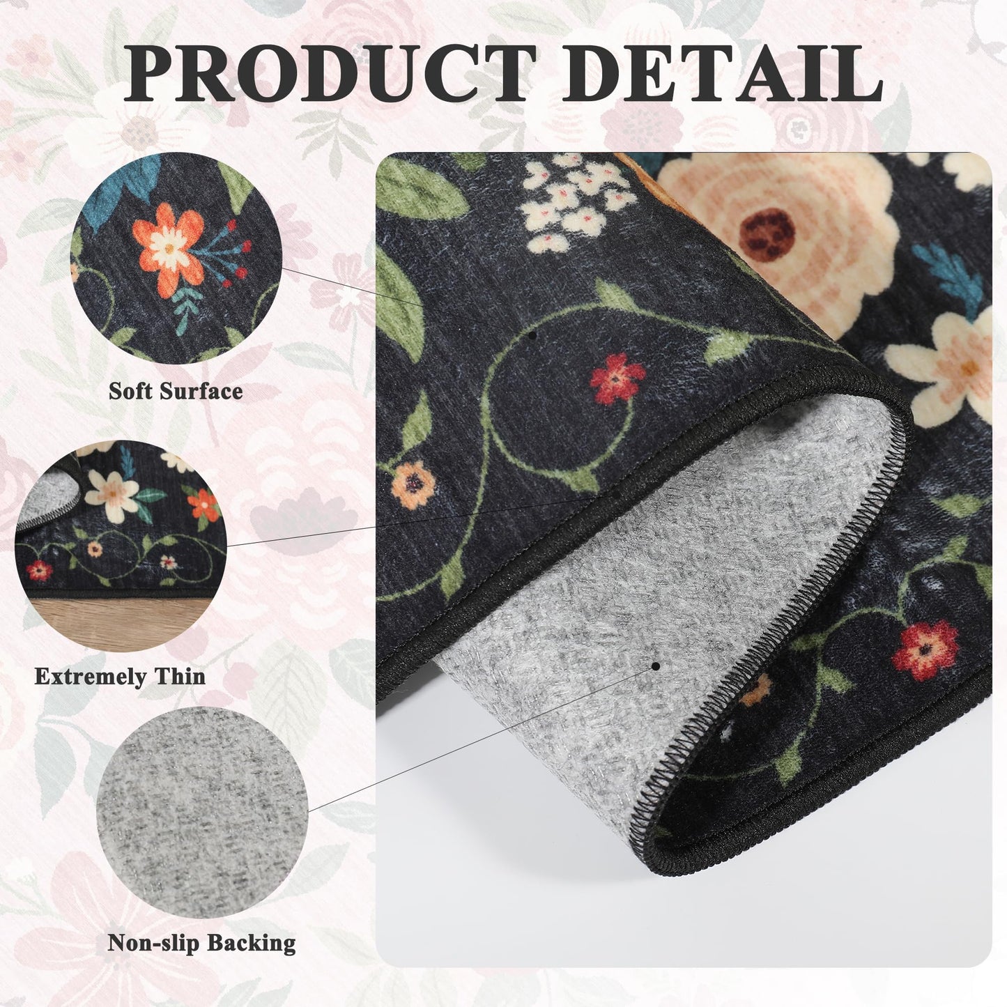 DUKINO 4x6 Feet Office Chair Mat, Lightweight Non Slip Washable Floral Area Rug, Indoor Low Pile & Non-Shedding Boho Design Rugs for Bedroom, Living Room, Dining Room, Black