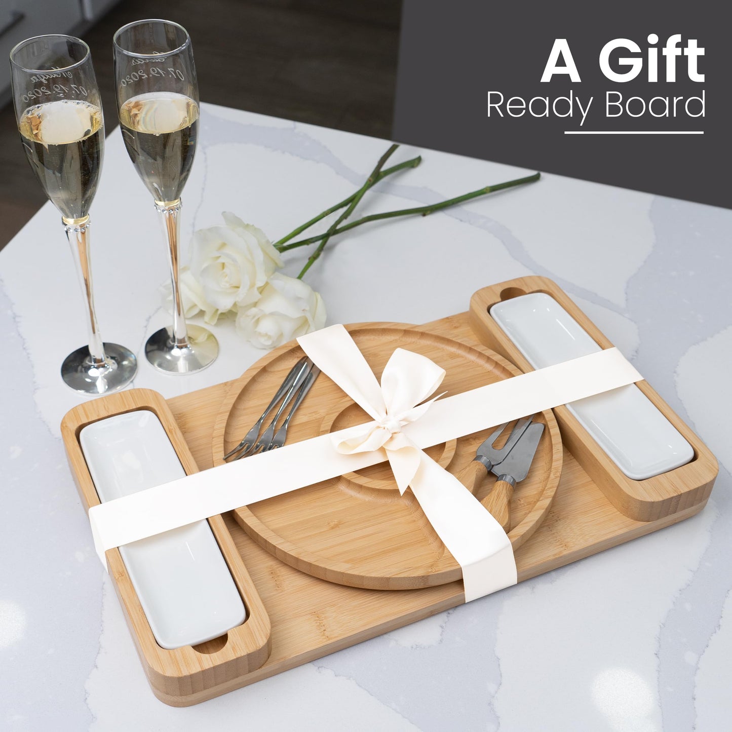 Charcuterie Board Gift Set - Bamboo Cheese Board & Serving Tray for Meat, Cheese, Crackers, Fruit - Large Wooden Charcuterie Boards for Parties - Wedding Gift, Housewarming, Gifts for Women & Couples