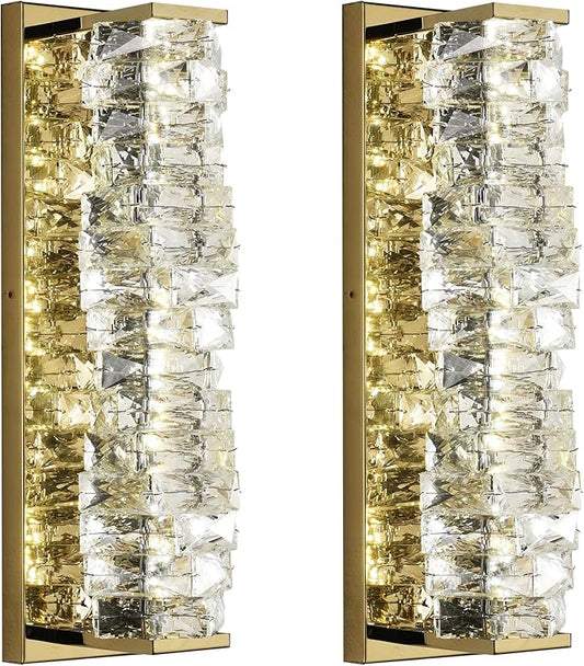 Crystal Wall Sconces Set of 2 Gold Crystal Wall Lighting with LED ‎Adjustable Color Temperature Modern Wall Lights Indoor Beautiful Glass Wall Light for Bedroom Living Room Hallway
