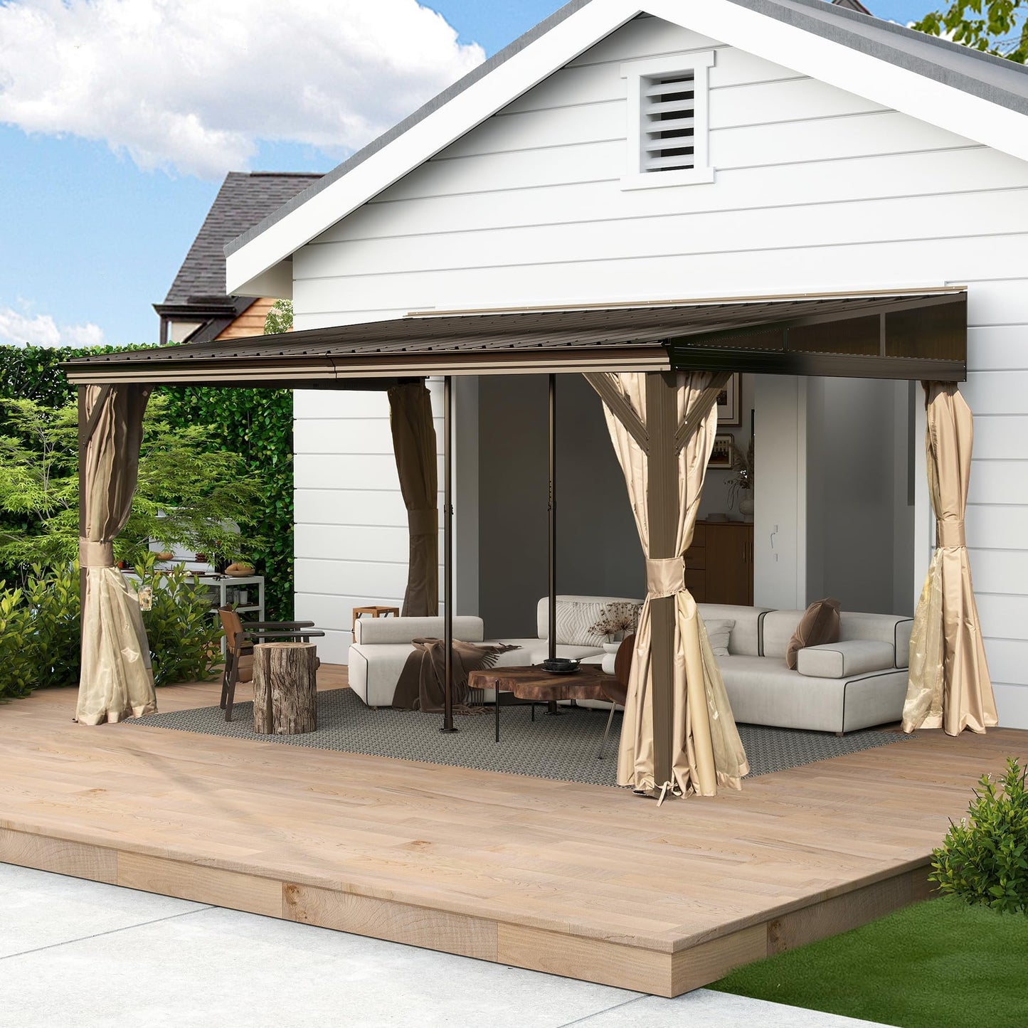 Domi 10x14FT Lean to Gazebo with Gutters, Outdoor Wall Mounted Pergola Hardtop with Galvanized Steel Sloping Roof, Patio Metal Canopy with Curtains and Nettings, Outside Awning for Backyard, Garden