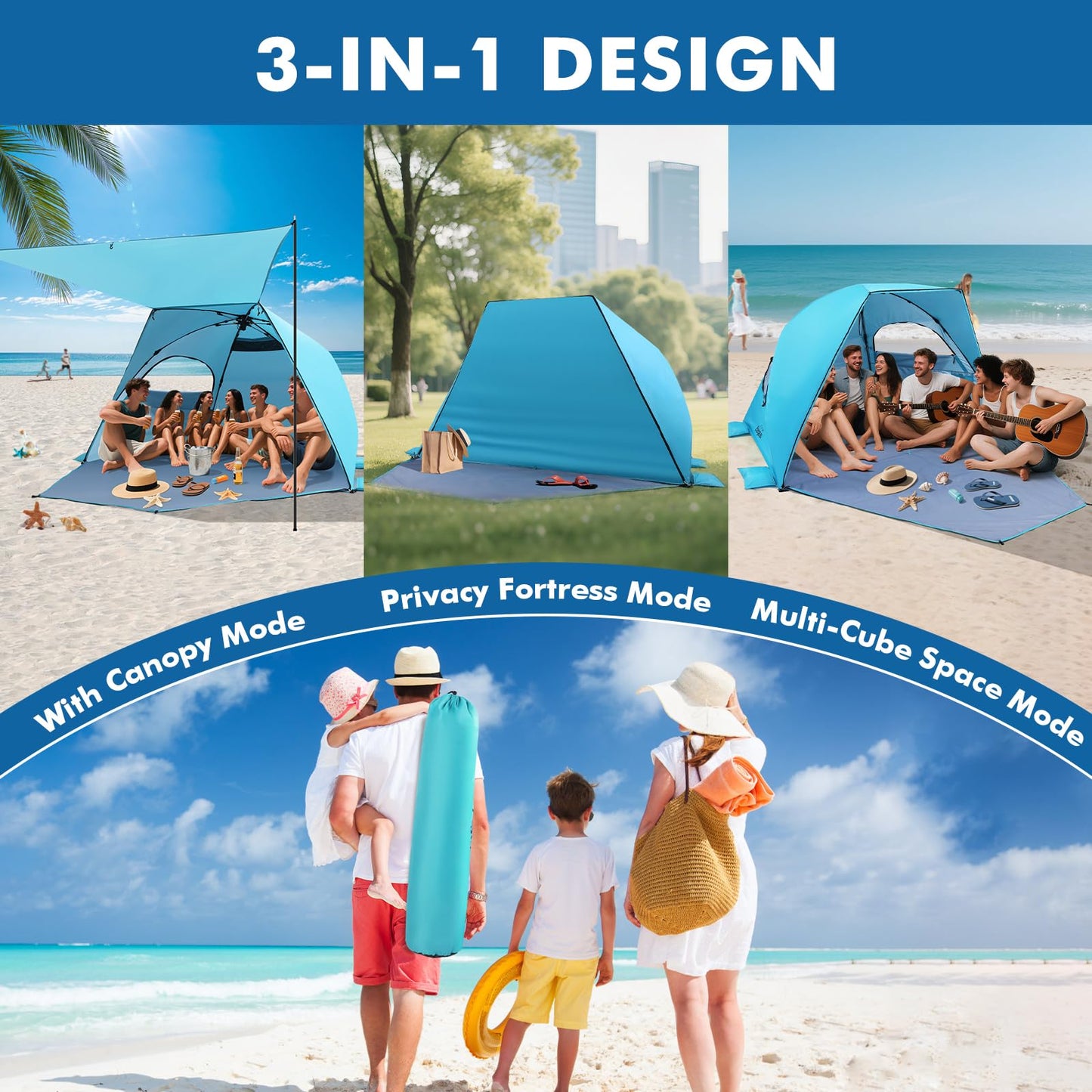 Elegear Beach Tent with Canopy 4-6 Person, 1-Second Umbrella-Style Setup Pop Up Sun Shelter Shade, UPF 50+ UV Protection Four-Layer Silver-Coated Lightweight Portable Beach Cabana - Aqua Blue