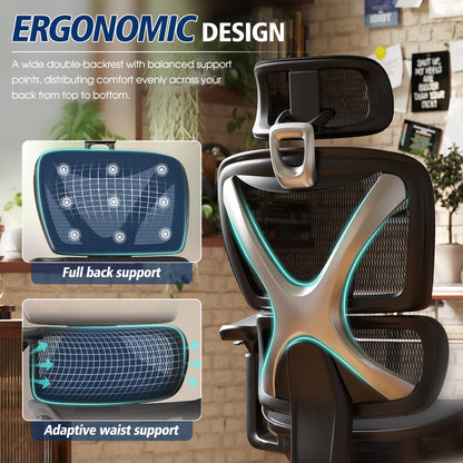 GABRYLLY Ergonomic Office Chair, Big and Tall Mesh Chair with Lumbar Support, 3D armrest - 215° Rotation, Adjustable Headrest & Soft Seat, Durable Computer Chair 350LBS for Work Gaming