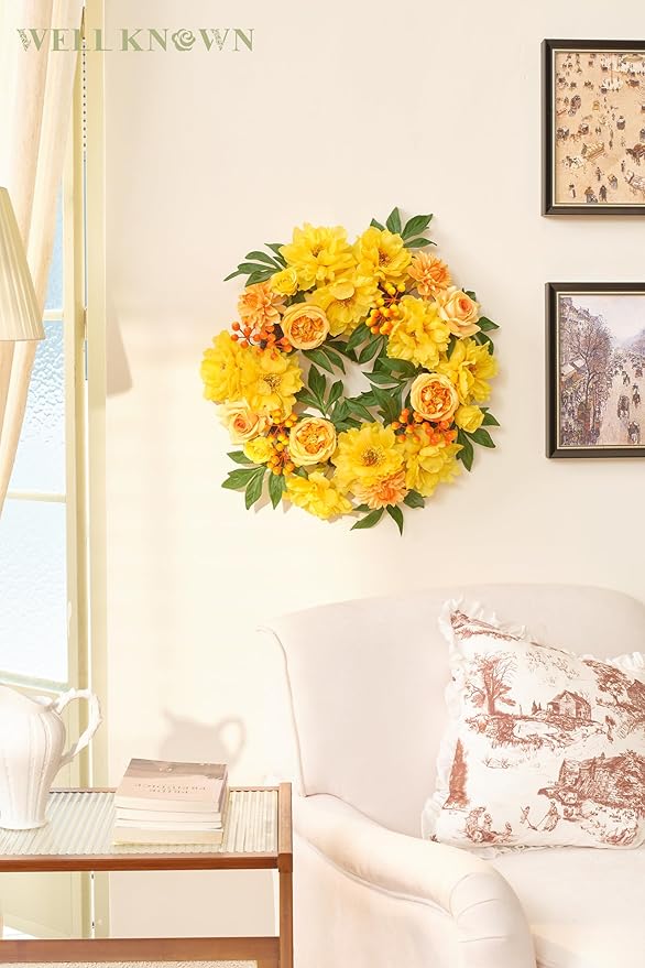 WELL KNOWN Flowering Wreaths for Front Door, Silk Peony Wreath for Front Door Porch & Indoor Wall Window, Fall Winter Wreath for Thanksgiving Farmhouse Party Veterans Day Home Decor (Yellow Orange)