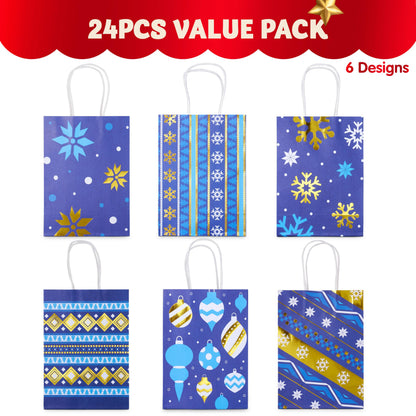 JOYIN 24 PCS Christmas Kraft Gift Bags Xmas Holiday Present Wrapping Paper Goody Bags with Handles for Classrooms and Wedding Decor, Party Favors and Decor Supplies (Blue, 8.27" x 5.91" x 3.15")