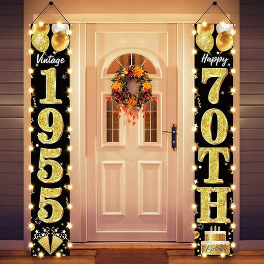70th Birthday Decorations Lighted Banner for Men and Women - Black Gold Vintage 1955 70th Birthday Door Banners with LED Light, Seventy Years Bday Party Supplies for Indoor Outdoor Decor