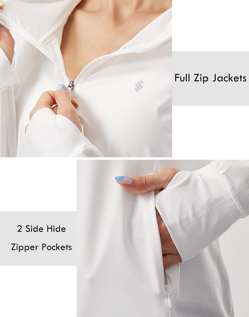 Soothfeel Women's UPF 50+ Sun Protection Hoodie Jacket Lightweight Long Sleeve Sun Shirt for Women with Pocket Hiking Outdoor B-White