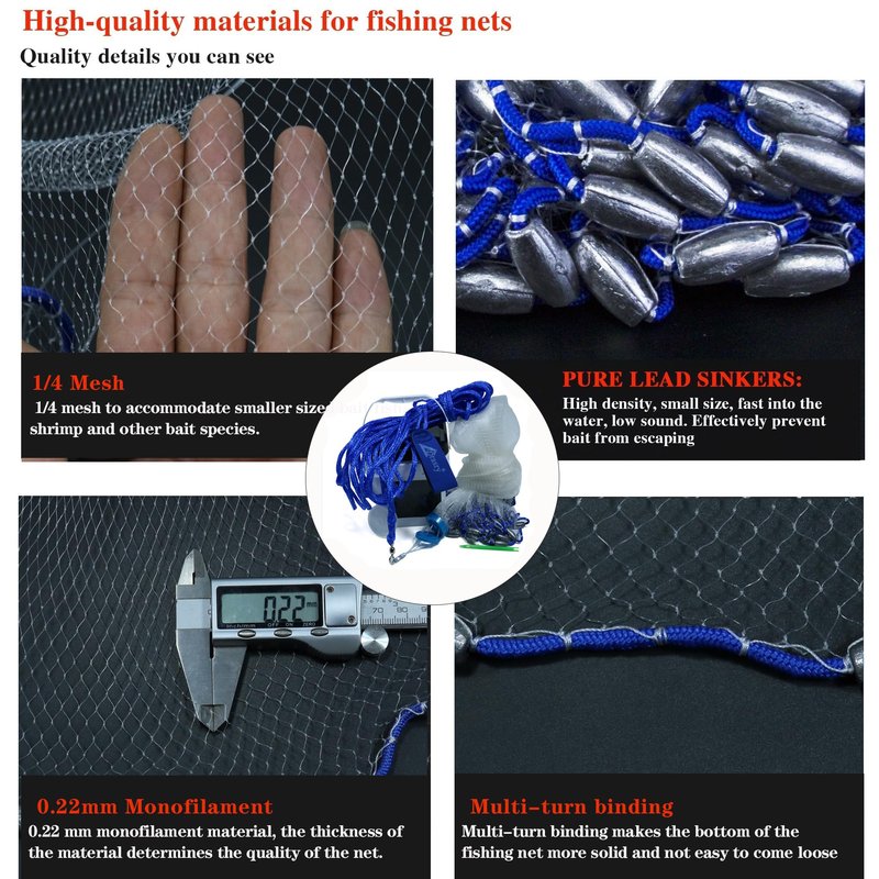 Drasry 1/4 Saltwater Fishing Cast Net for Bait Shirmp Trap Fish Throw Net with Heavy Lead Sinkers. Size 3FT to 10FT Radius Freshwater（1/4 Inch Mesh） Monofilament Cast Net, 3FT(90cm) Radius