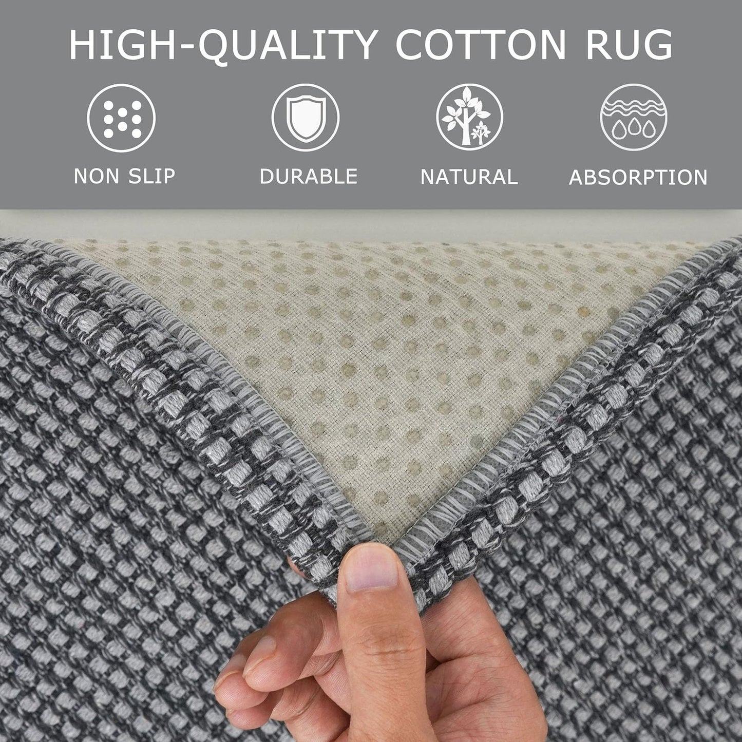 KOZYFLY Boho Rugs for Entryway Rugs 4x6 ft Washable Area Rugs Rubber Backed Living Room Rugs Braided Woven Cotton blend Indoor Outdoor Floor Carpet for Dining Room Living Room Bedroom, Dark Grey