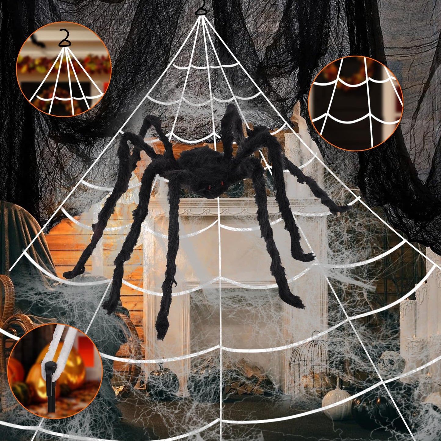 Eossth Spider Webs Halloween Decorations,16.4Ft 8Modes Super Bright 250LED Halloween Lights with Remote Control,49'' Giant Glowing Super-Realistic Spider,Halloween Decorations for Yard,Outside
