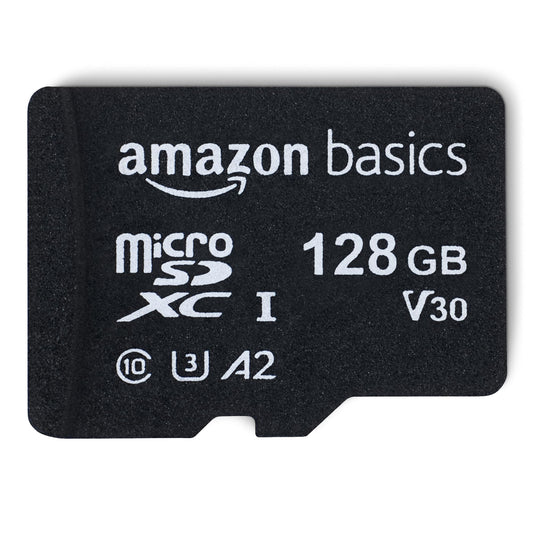 Amazon Basics Micro SDXC Memory Card with Full Size Adapter, A2, U3, Read Speed up to 100 MB/s, 128 GB, Black