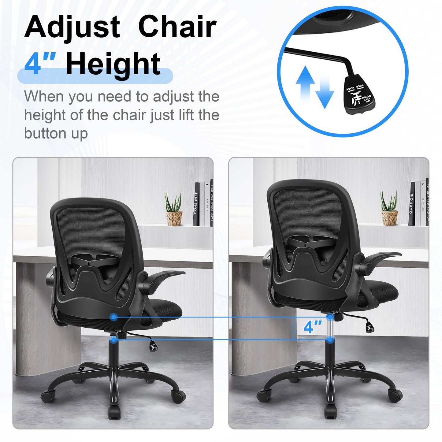 Primy Office Chair Ergonomic Desk Chair with Flip up Armrests Swivel Breathable Desk Mesh Computer Chair with Adjustable Lumbar Support and Height for Conference Room (Black)