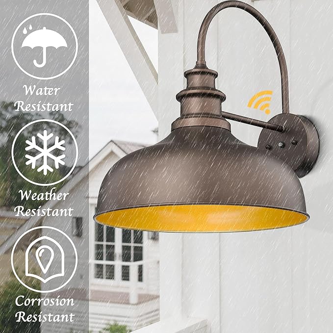 Bestshared 16 Inch Dome Large Dusk to Dawn Sensor Gooseneck Barn Light Farmhouse Outdoor Wall Sconce Industrial Exterior Wall Lighting Fixture, Outside Lantern Garage Lamp (ORB+Gold, 16” Dome-2Pack)