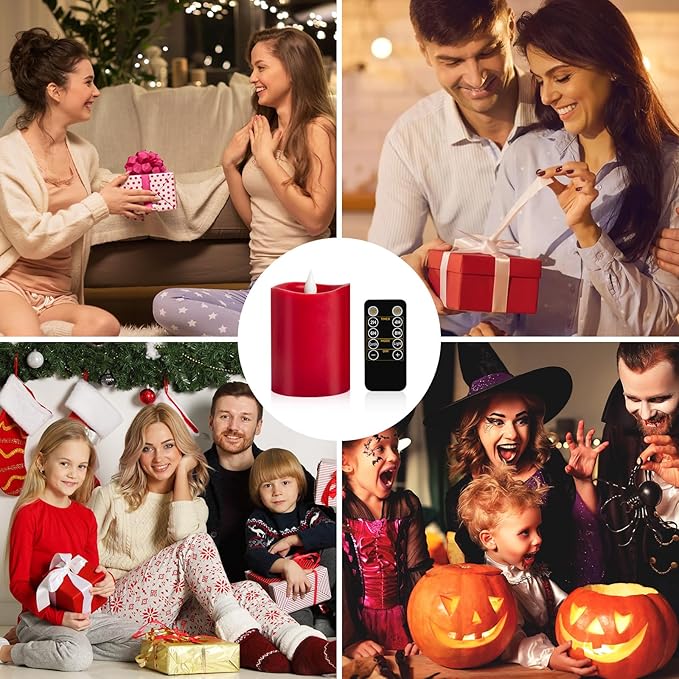 3x4 inch Red Flameless Candles: Realistic Flameless LED, Battery-Powered Pillar Candles with Remote & Timer, Fake Candles for Fall Decor, (Red, 3"*4"-1pcs)