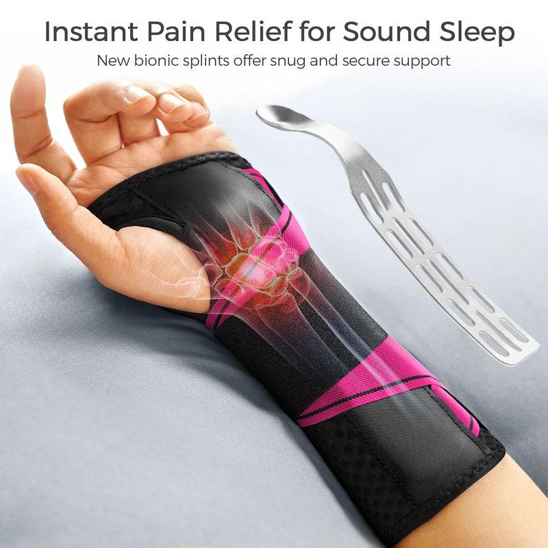 FREETOO Carpal Tunnel Wrist Brace Night Support Fit Right Hand for Work, Pain Relief Wrist Splint for Tendonitis, Arthritis, Wrist Stabilizer Brace Fit Women Men for Sleeping (L/XL, Black/Pink)