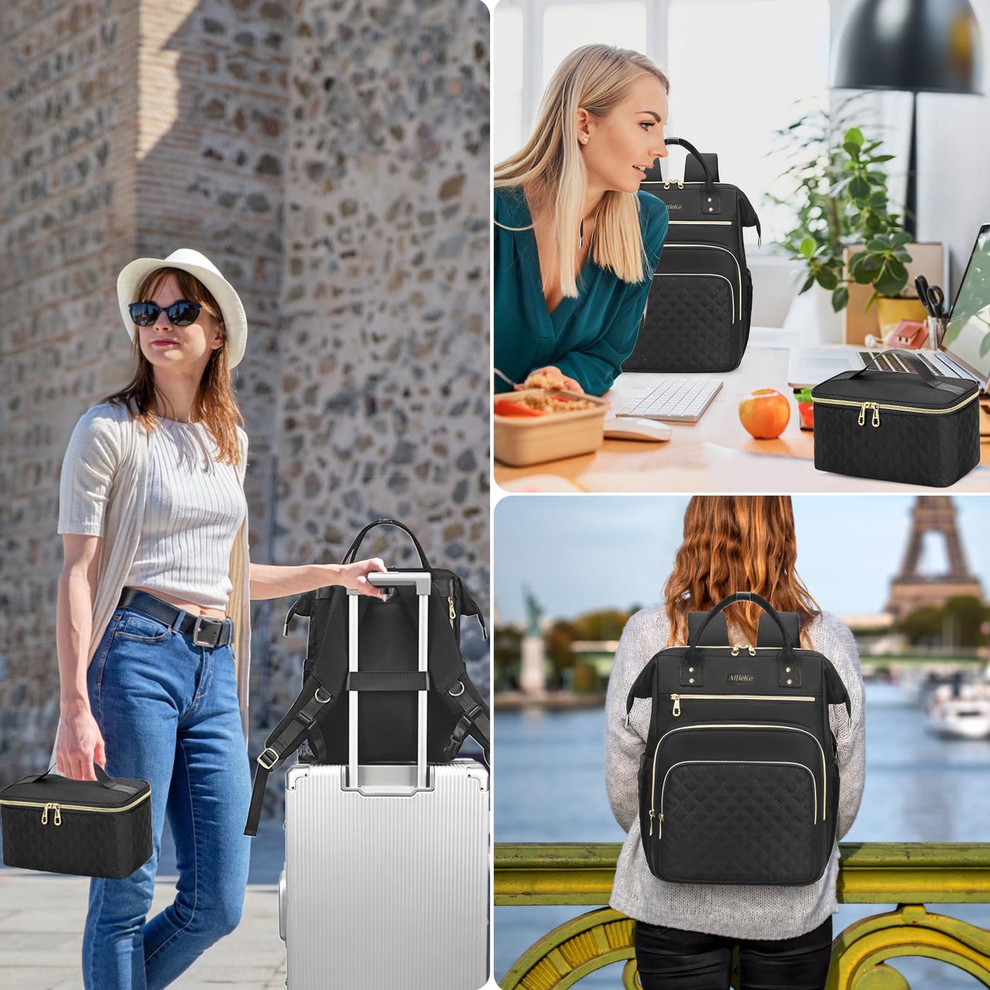 AIJIEKE Lunch Backpack for Women, 15.6 inch Laptop Backpack with Insulated Cooler Lunch Bag Set for Lunch Box Work Backpack for Travel Nurse Teacher, Black