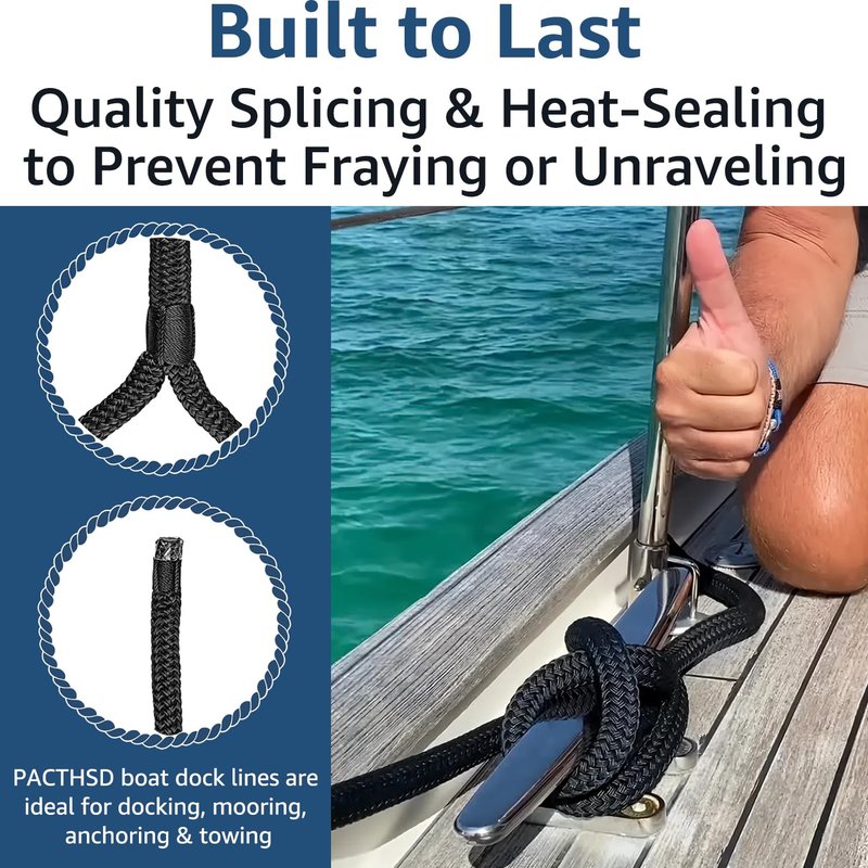 PACTHSD 2 Pack 3/4" x 35' Dock Lines - Marine Grade Nylon Boat Rope with 18" Loop for Docking and Mooring - Double Braided Boat Lines, High Strength, Easy Handling, Heavy Duty, Fray Resistant - Black