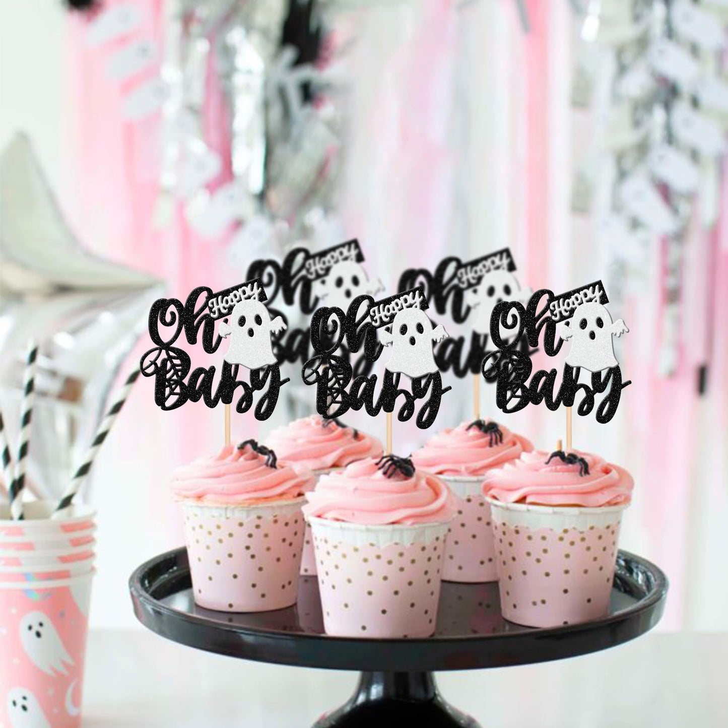 24 PCS Halloween Ghost Oh Baby Cupcake Toppers Glitter Spooky Baby Shower Cupcake Picks for Halloween Theme Baby Shower Kids Birthday Party Cake Decorations Supplies