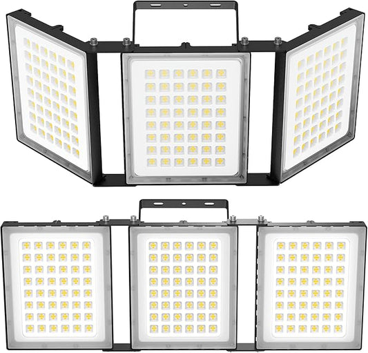 600W LED Flood Light Outdoor, 60000LM Super Bright Stadium Light, IP66 Waterproof 6000K Daylight, 3 Heads Adjustable Outdoor Floodlights for Backyard, Parking Lot,Stadium, Field(2 Pack)