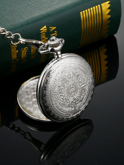 Quartz Pocket Watch for Men with Black Dial and Chain (Silver)