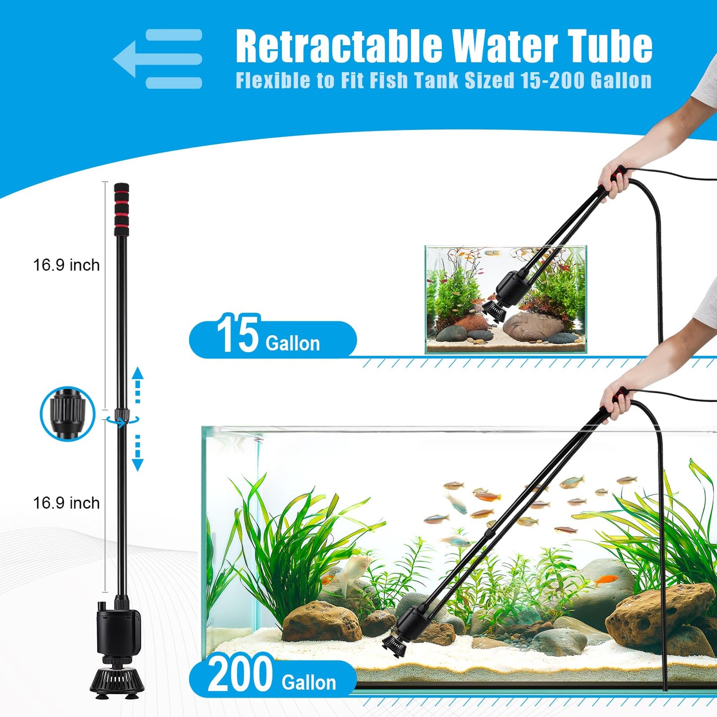 AQQA Aquarium Gravel Cleaner, 6-in-1 Electric Fish Tanks Gravel Vacuum Cleaner Set for Remove Dirt, Change Water, Wash Sand, Water Shower, Water Circulation (20W, 320GPH)