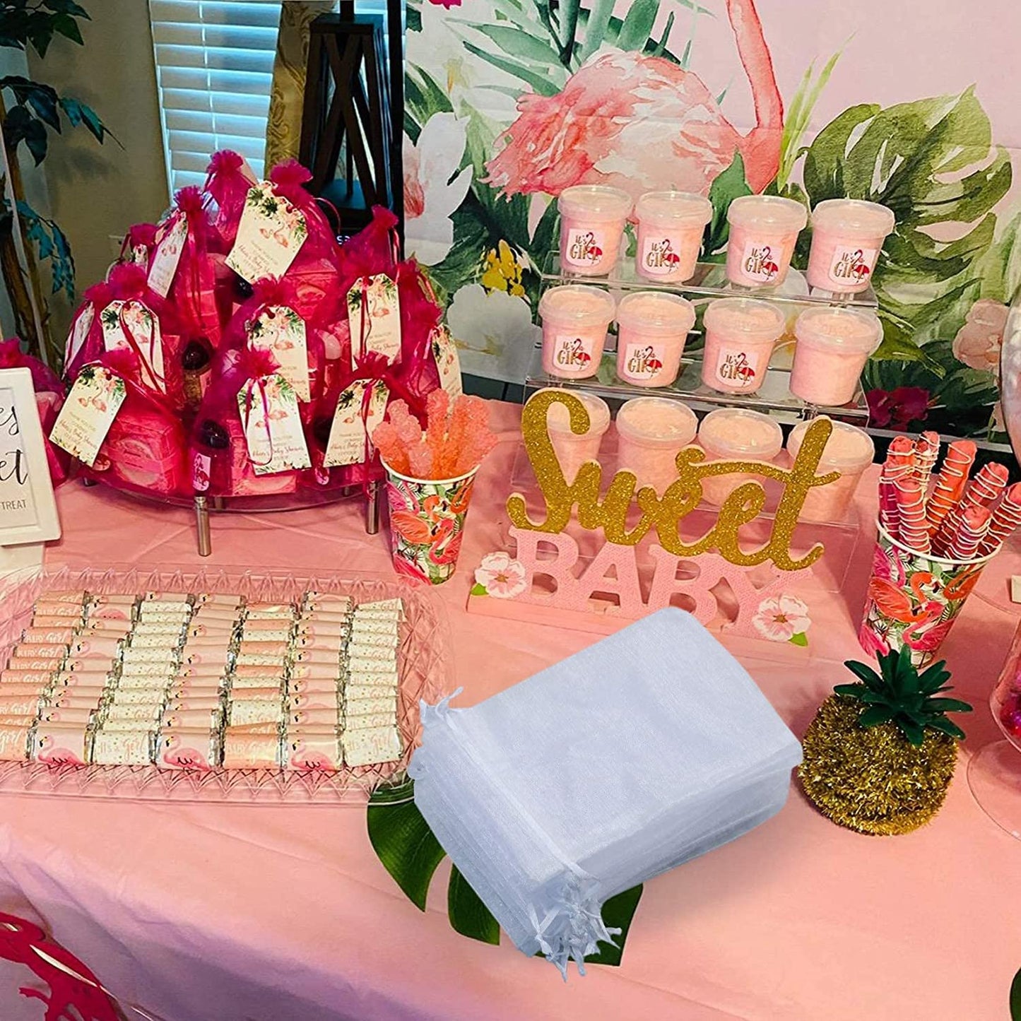 ANZNKU 50 Pack Organza Bags 5 x 7 Inch, White Sheer Favor Mesh Bags Drawstring, Gift Bag Small Size, Mesh Bag Drawstring For Wedding Party