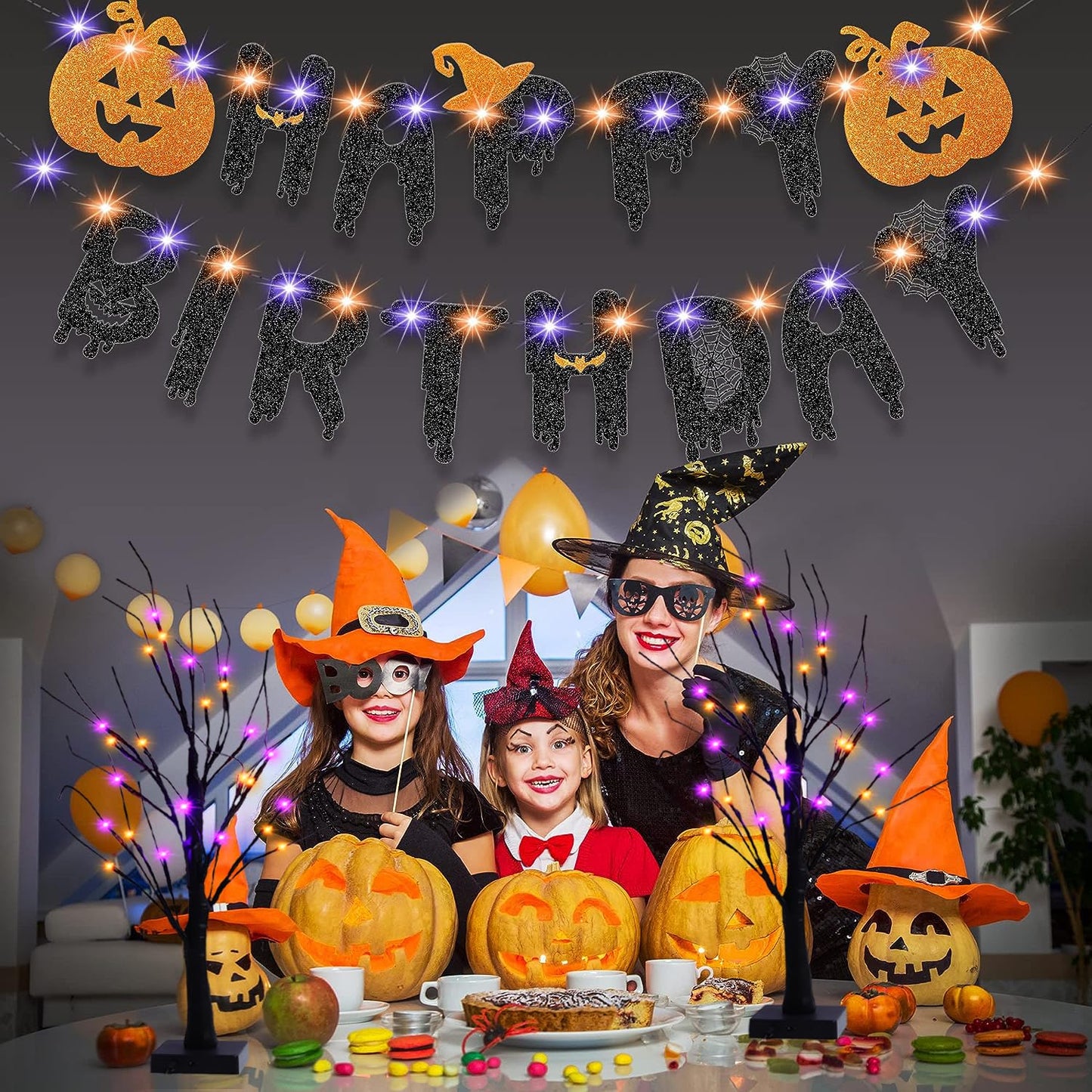 Efunly 2 Pack 24 Inch Halloween Black Spooky Tree with Orange & Purple Lights, USB&Battery Operated Tabletop Halloween Black Tree with Timer for Indoor Home Holiday Party Decorations