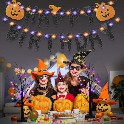 Efunly 2 Pack 24 Inch Halloween Black Spooky Tree with Orange & Purple Lights, USB&Battery Operated Tabletop Halloween Black Tree with Timer for Indoor Home Holiday Party Decorations