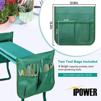 iPower Upgraded Garden Kneeler and Seat, with Sturdy Soft EVA Foam Pad, 2 Tool Pouch, Hold 330lb, Portable Foldable Kneeling Bench, for Gardening, Fishing, Camping, Green
