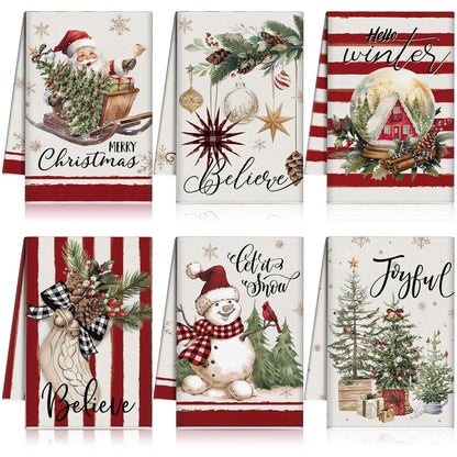 FuWeave 6 Pcs Christmas Kitchen Towels Red White Snowman Winter Dish Towel 21 x 14 Inch Decorative Bathroom Hand Towel Absorbent Holiday Tea Towel Christmas Decor for Kitchen Farmhouse Gift