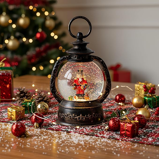 Christmas Snow Globe Lantern Water Glittering Nutcracker with Music & Timer, USB Lined/Battery Operated Lighted Lantern for Christmas Festival Decoration Gifts