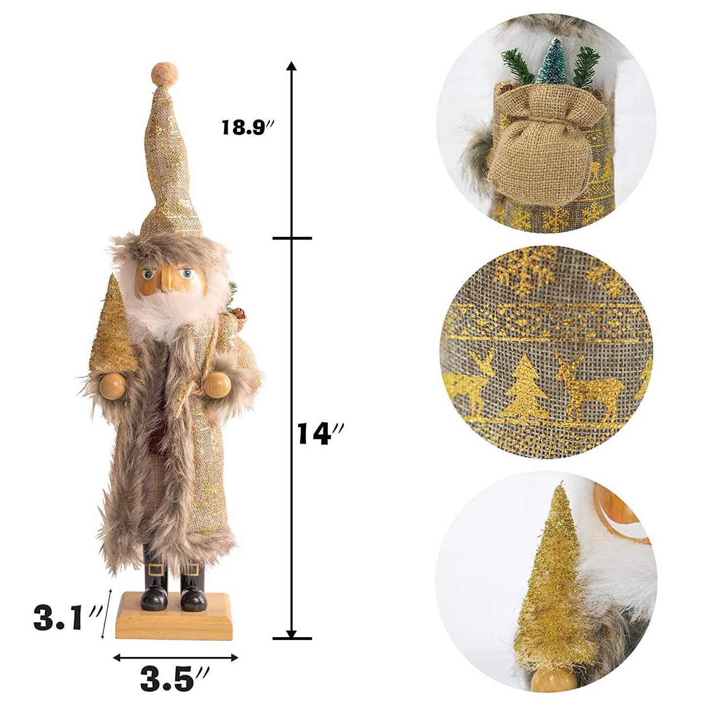 FUNPENY 14" Christmas Decorative Nutcracker, Handmade Wooden Santa Traditional Nutcracker in Flannel Ful Golden Coat, Festive Collectible Nutcracker, Winter Tabletop Christmas Decoration