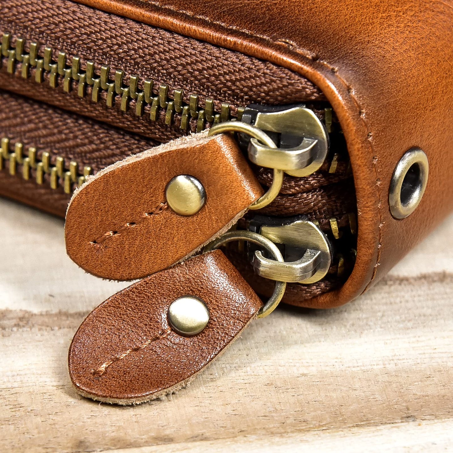 LUUFAN Men's Genuine Leather Clutch Bag Double Zipper Purse 4 Interlayer Zip-Around Wallet (Brown 4)