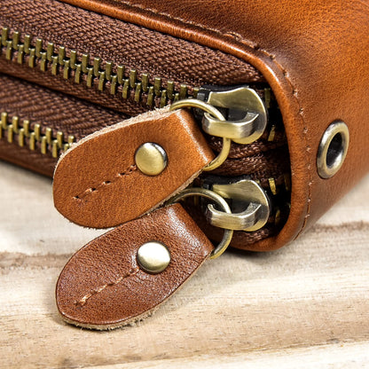 LUUFAN Men's Genuine Leather Clutch Bag Double Zipper Purse 4 Interlayer Zip-Around Wallet (Brown 4)
