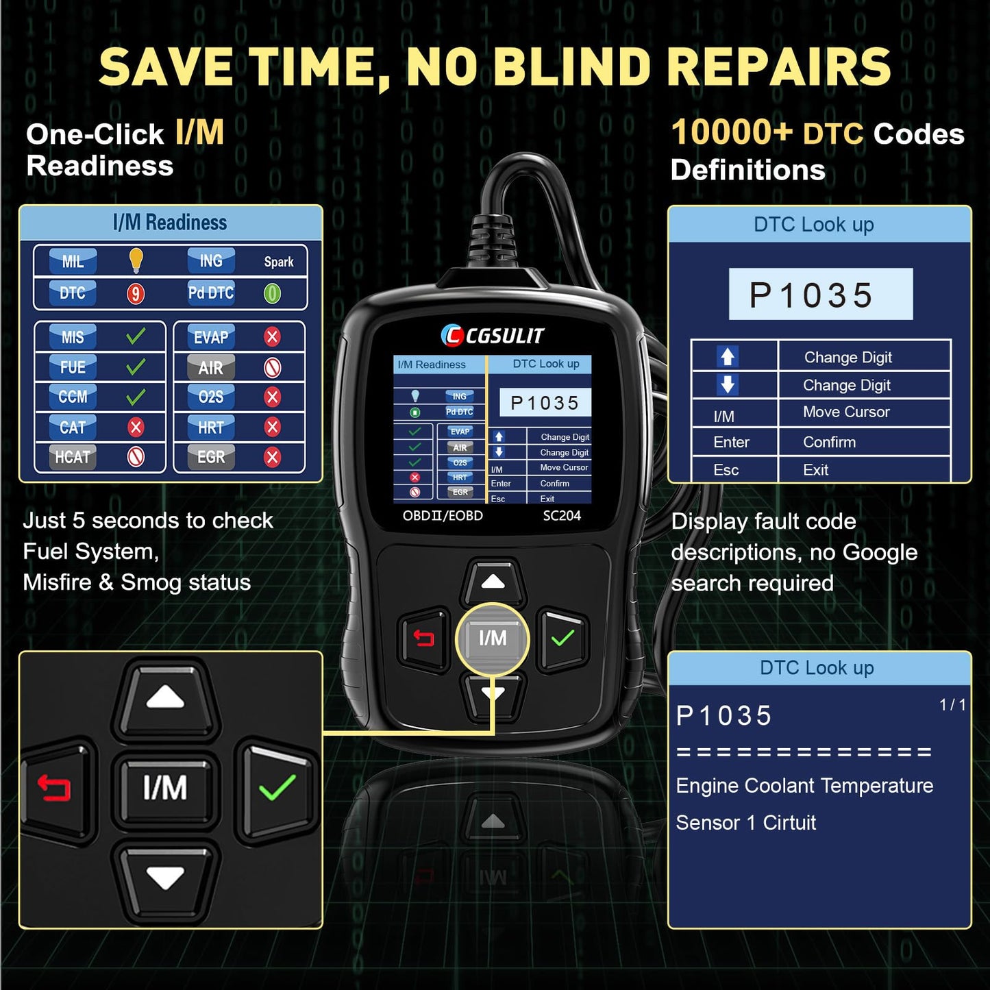 CGSULIT SC204 Enhanced OBD2 Scanner Diagnostic Tool, Check Engine Code Reader With Reset, Smog Check, Clear Code, Live Data & More, Car Code Readers & Scan Tools for All OBDII/EOBD Vehicles After 1996