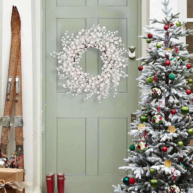 VioletEverGarden White Wreath 20 Inch Winter Wreaths for Front Door Artificial White Berry Wreath for Winter Christmas Hoilday Party Wall Window Decorations