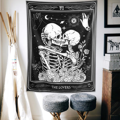 KJHL The Lovers Skull Wall Tapestry Black and White Skeleton Tapestry Gothic Room Decor Witchy Tapestries Aesthetic Wall Hanging for Bedroom Living Room 60" x 44"